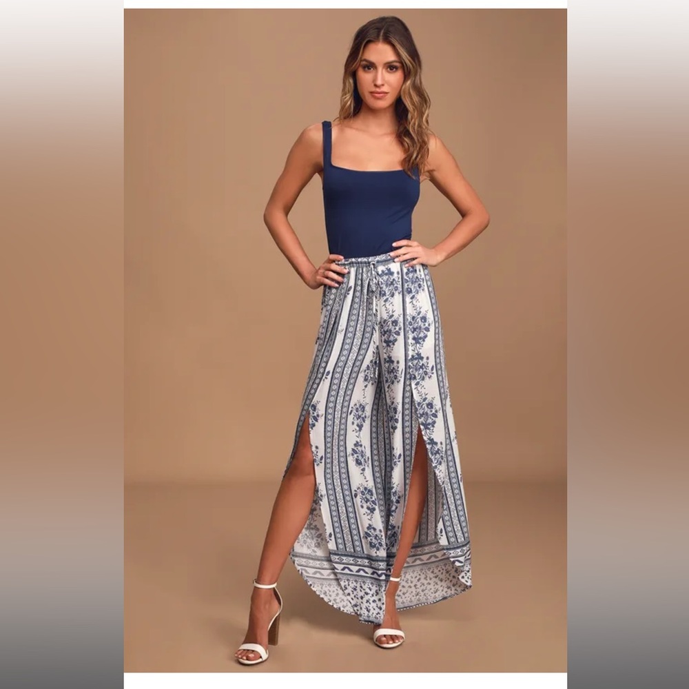 Lulus Best Buds Boho Blue White Wide Leg Pants 
Striped Floral Slit Cover Up